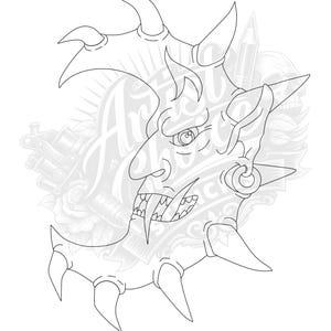 May include: Line art illustration of a horned demon face with sharp teeth and pointed ears. The design features a detailed outline with spikes and a piercing. The background includes tattoo-related imagery.
