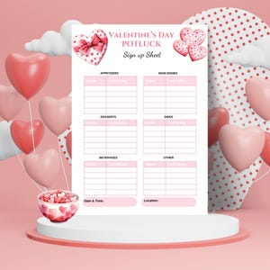 Può includere: Un foglio di iscrizione stampabile per un potluck di San Valentino con un design a forma di cuore rosa e bianco. Il foglio include sezioni per antipasti, piatti principali, dessert, contorni, bevande e altro. C'è spazio per i nomi e cosa ogni persona porterà.