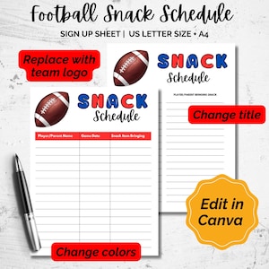 Football Snack Schedule - Edit in Canva, Printable Template - Printable Team Sign Up Sheet - Game Day Snacks List, Editable Snack Template
