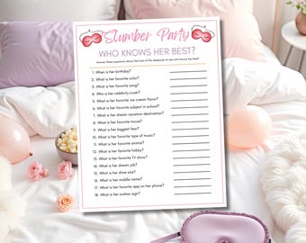 Slumber Party Game Who Knows Her Best Printable, Teen Sleepover Activity, Fun Party Games, Girls Birthday Game, Pajama Party Ideas