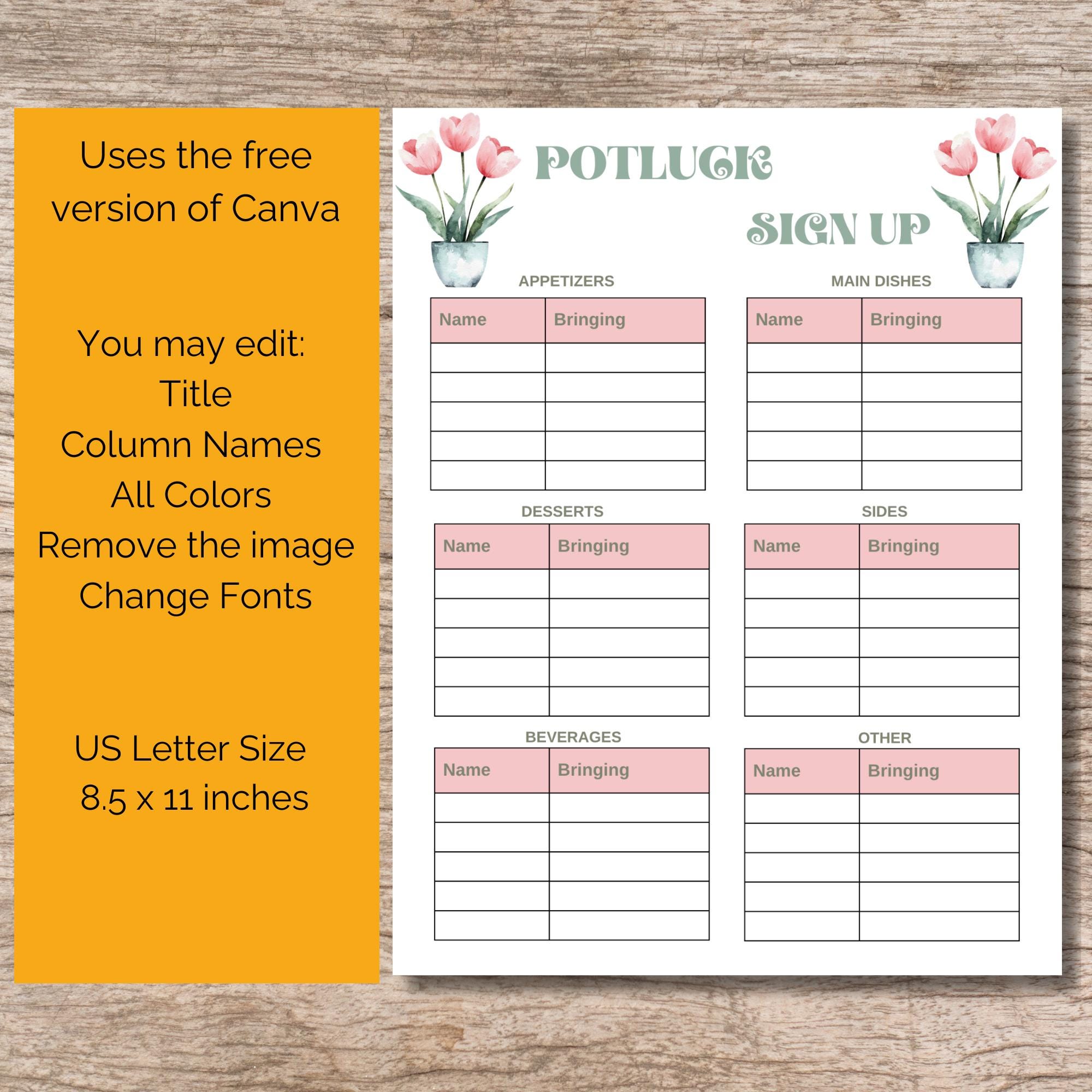 Spring Potluck Sign Printable Floral Spring Potluck Sign up Sheet Printable, Editable Canva Sign up ...