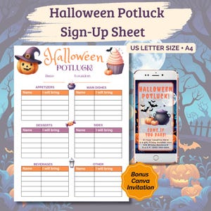 Może przedstawiać: Arkusz zapisów na Halloweenowy potluck z sekcjami na przystawki, dania główne, desery, dodatki, napoje i inne. Zawiera smartfon z pasującym cyfrowym zaproszeniem oraz tekst US LETTER SIZE + A4.