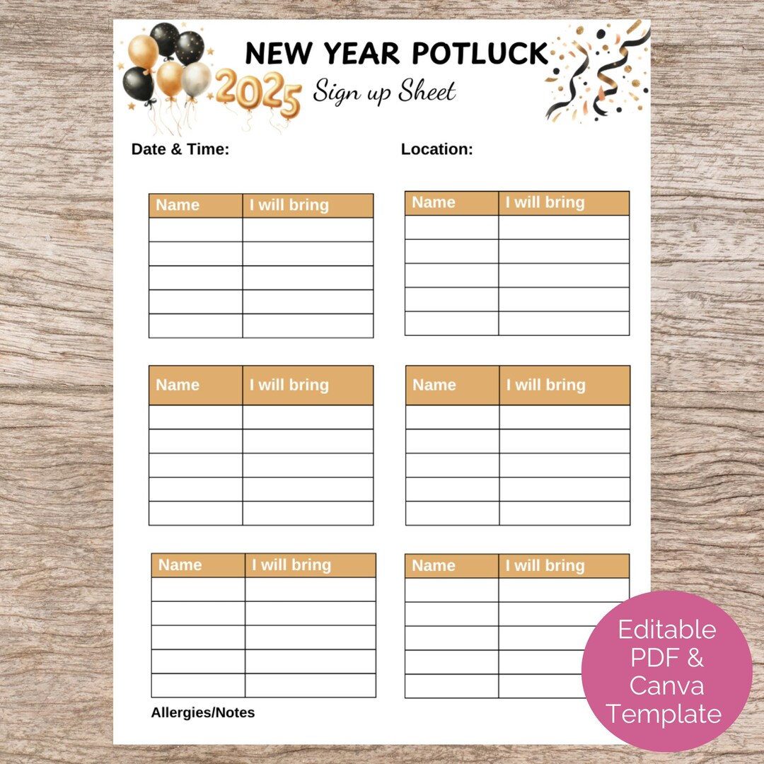 New Year Potluck Sign up Sheet - Fillable PDF, Editable Canva Template