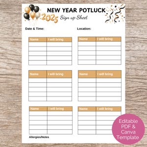 Puede incluir: Una hoja de inscripción para un potluck de Año Nuevo, imprimible, con un esquema de color dorado y negro. La hoja tiene un título que dice "New Year Potluck 2025 Sign Up Sheet". Hay seis secciones para nombres y lo que traerán. También hay una sección para alergias o notas.