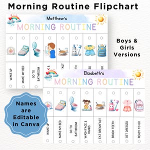 Könnte beinhalten: Ein druckbarer Morgenroutine-Chart für Kinder mit bunten Illustrationen einer Uhr, eines Bettes, eines Badezimmers, einer Zahnbürste und eines Rucksacks. Der Chart ist mit Namen anpassbar und kann in Canva bearbeitet werden.