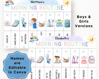 May include: A printable morning routine chart for children with colourful illustrations of a clock, bed, bathroom, toothbrush, and backpack. The chart is customisable with names and can be edited in Canva.