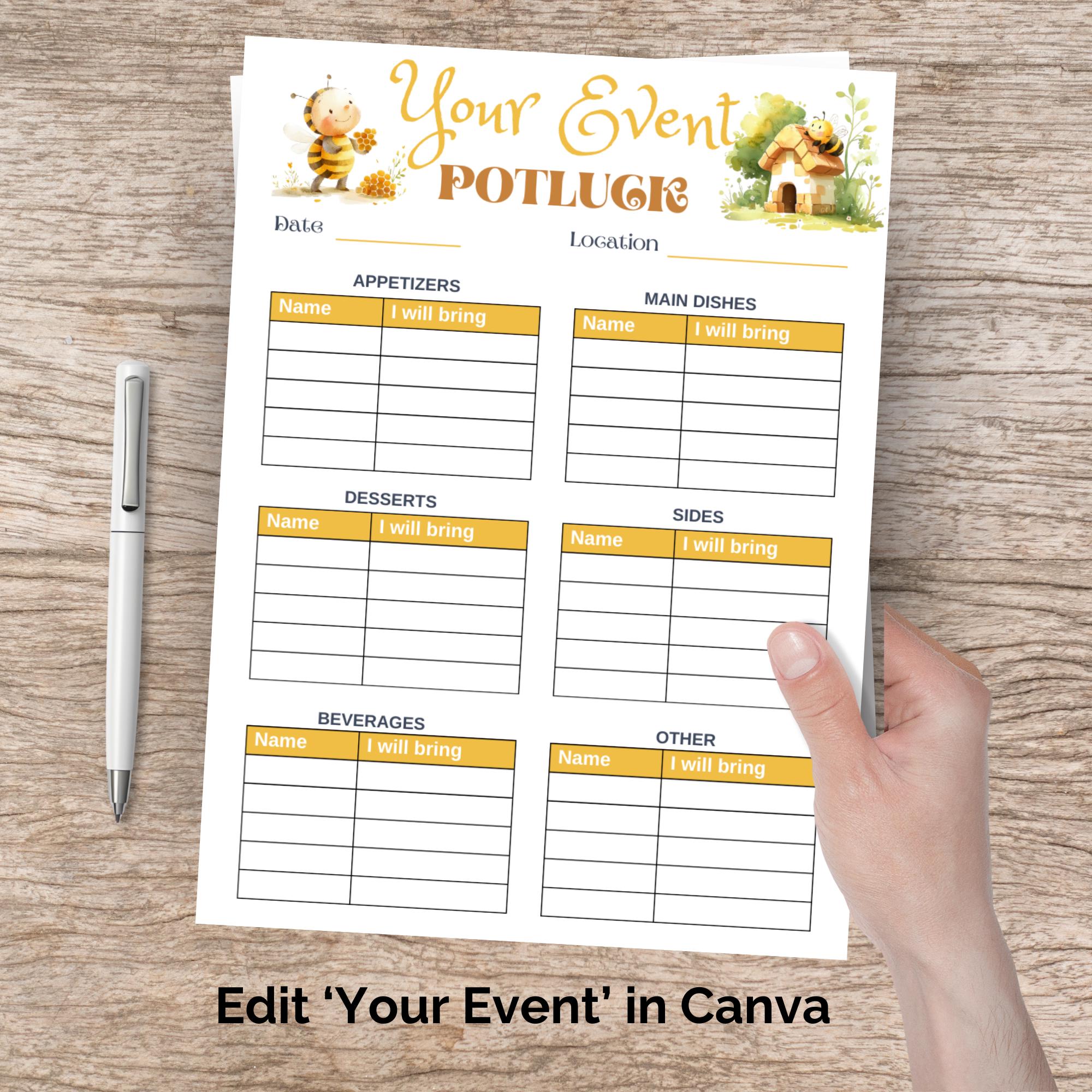 Potluck Signup Honey Bee Signup Form, Printable Potluck Form, Potluck ...