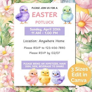 May include: An invitation to an Easter potluck with a watercolor background of pink and yellow flowers. The invitation says "Please join us for an Easter Potluck" and includes the date, time, location, and RSVP information. The invitation also says "Please bring an appetizer, main dish, side, beverage to share".