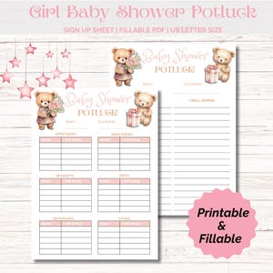 Pink Girl Baby Shower Potluck Sign up Sheet - Fillable PDF,  Printable Potluck Form