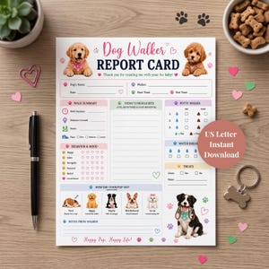 May include: A Dog Walker Report Card printed on white paper featuring illustrations of various dog breeds, sections for walk details, behavior, potty breaks, and treats, with the text Dog Walker REPORT CARD and US Letter Instant Download.