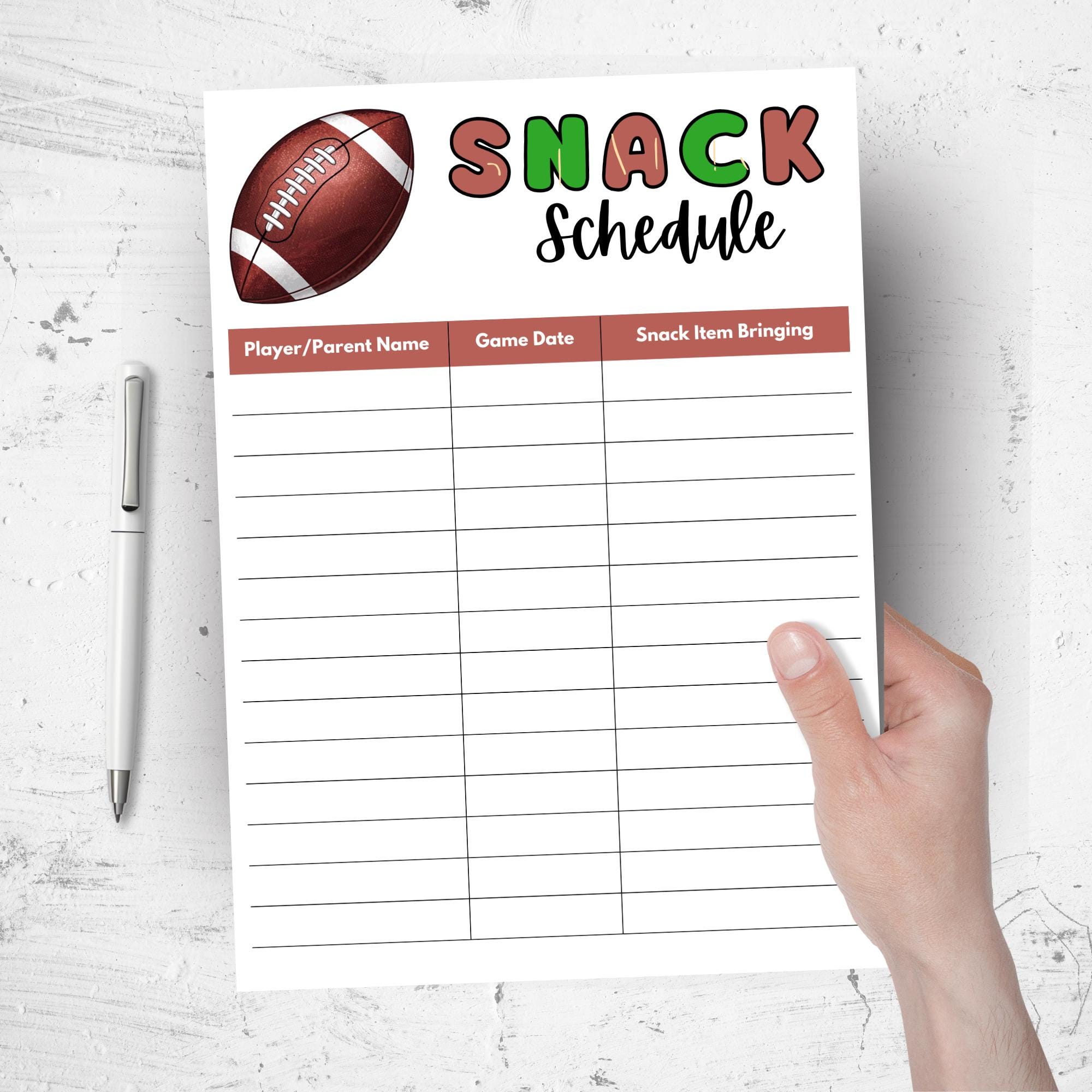Football Snack Schedule - Printable Template - Team Sign up Sheet ...