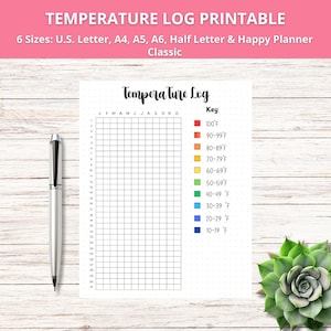 Puede incluir: Registro de temperatura imprimible con una cuadrícula para realizar un seguimiento de las temperaturas durante todo el año. El registro incluye una clave con rangos de temperatura codificados por colores de 10-19°C a 100°C.