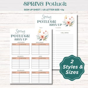 Könnte beinhalten: Druckbarer Anmeldezettel für ein Frühlings-Potluck. Der Zettel ist in Abschnitte für Vorspeisen, Hauptgerichte, Desserts, Beilagen, Getränke und Sonstiges unterteilt. Jeder Abschnitt hat Platz für einen Namen und was er mitbringt. Der Zettel ist mit einem Blumendesign verziert.
