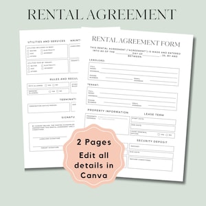 May include: Two-page rental agreement form with the title "RENTAL AGREEMENT" at the top. The form includes sections for utilities, rules, termination, and signatures. The text "2 Pages Edit all details in Canva" is also visible.