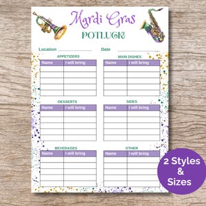 Könnte beinhalten: Ein druckbares Anmeldeformular für ein Mardi Gras Potluck mit einem grünen, goldenen und violetten Konfetti-Hintergrund. Das Anmeldeformular ist in Abschnitte für Vorspeisen, Hauptgerichte, Desserts, Beilagen, Getränke und Sonstiges unterteilt. Es gibt Platz für Namen und was jeder mitbringt.