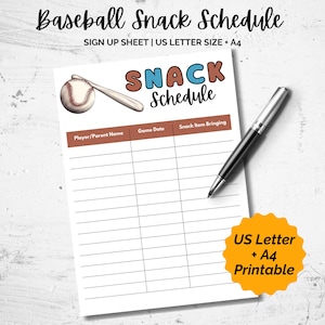 Baseball Snack Schedule Sign up Sheet, Printable Template, Team Sign Up Form, Gameday Snack List, Team Mom Snack List, Tball Snack Schedule
