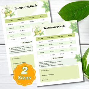 May include: Two tea brewing guide prints with a green and white design. The guides list tea types, water temperatures, and steeping times. The guides also include brewing tips and a note about size options.