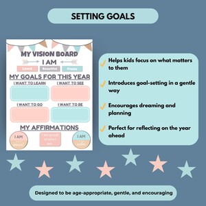May include: A vision board with the text "Setting Goals" and "My Vision Board". The board includes sections for goals, affirmations, and a list of positive attributes. The text "Designed to be age-appropriate, gentle, and encouraging" is also present.