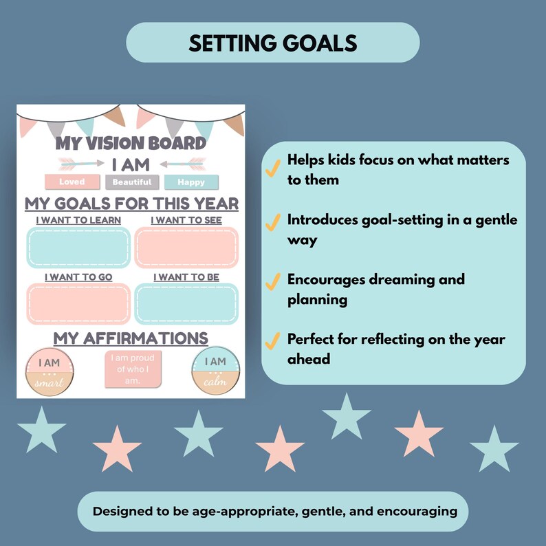 May include: A vision board with the text "Setting Goals" and "My Vision Board". The board includes sections for goals, affirmations, and a list of positive attributes. The text "Designed to be age-appropriate, gentle, and encouraging" is also present.