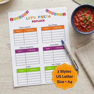 May include: A white paper potluck planner with the text "Let's Fiesta Potluck" and sections for food categories. Includes a blue pen, a bowl of salsa, and a sticker that says "3 Styles US Letter Size + A4".