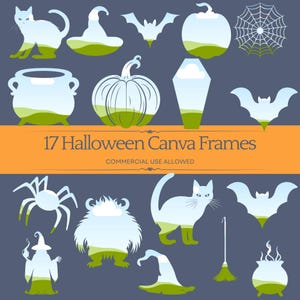 Puede incluir: Una colección de 17 marcos de Canva con temática de Halloween en blanco, que incluyen un gato, un sombrero de bruja, un murciélago, una calabaza, una telaraña, un caldero, un ataúd, una araña, un monstruo, una escoba y una bruja. Se muestra el texto "17 Halloween Canva Frames".