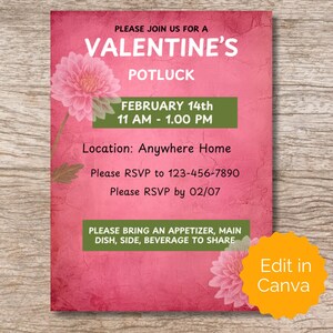 Valentine&#39;s Day Potluck Invitation - Holiday Party Flyer Invite - Editable Canva Template