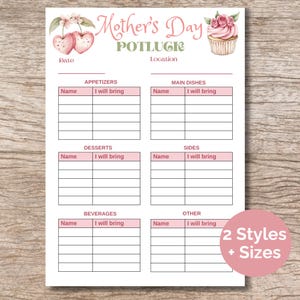 Mother&#39;s Day Potluck Sign up Sheet, Printable Potluck Form, Mother&#39;s Day Brunch, Event Party Sign up form, What to Bring List
