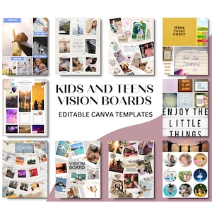 Könnte beinhalten: Eine Collage aus neun Vision Board-Vorlagen für Kinder und Jugendliche. Die Vorlagen zeigen eine Vielzahl von Bildern und Texten, darunter inspirierende Zitate, Reiseziele und persönliche Ziele. Die Vorlagen sind für die Verwendung mit Canva, einer beliebten Online-Designplattform, konzipiert.