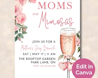 Moms & Mimosas Mother&#39;s Day Brunch Invitation, Editable Canva Template, Elegant Floral Design Template, Briday Showers, Girls Day Out