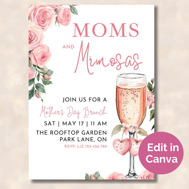 Moms and Mimosas Mother's Day Brunch invite. Editable in Canva