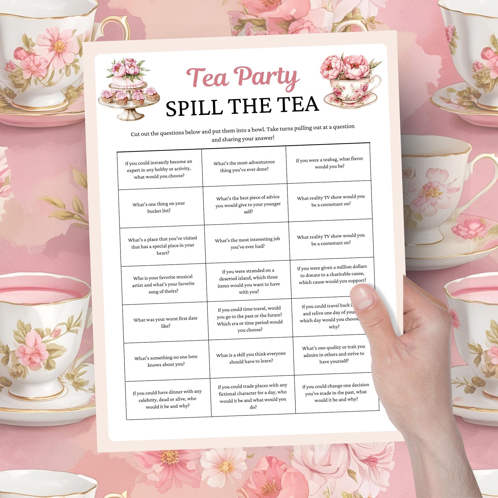 Spill the Tea Game, Tea Party Printable Activity, Bridal Shower Game, Bridal Tea Party, Birthday Tea Party Ideas, Ladies Afternoon Tea Party