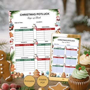May include: A Christmas potluck sign-up sheet, shown on paper and a tablet, with festive decorations. The sheet includes sections for appetizers, main dishes, desserts, sides, beverages, and other dishes. Gingerbread cookies and cupcakes are also visible.