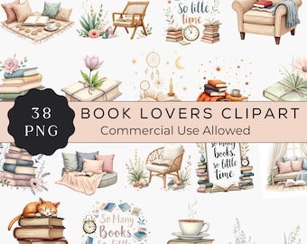Book Lovers Clipart Bundle, 38 PNG Watercolor Bookish Illustrations, Cozy Reading Clip Art, Book Club Graphics, Floral Books, Commercial Use