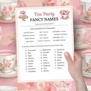 Tea Party Fancy Names Game, Printable Activity, Bridal Shower Tea Party, Birthday Ideas, Ladies Luncheon Tea Party, Womens Church Tea Party