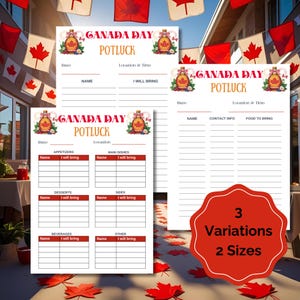 Canada Day Potluck Sign Up Sheet, Printable Summer Potluck Form, Canada Day BBQ Cookout BBQ Party, Potluck Celebration, Potluck Sign up Form