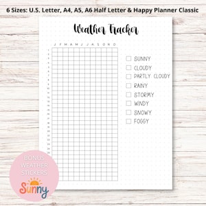 May include: A black and white printable weather tracker with a grid for each month of the year. The tracker includes checkboxes for sunny, cloudy, partly cloudy, rainy, stormy, windy, snowy, and foggy.