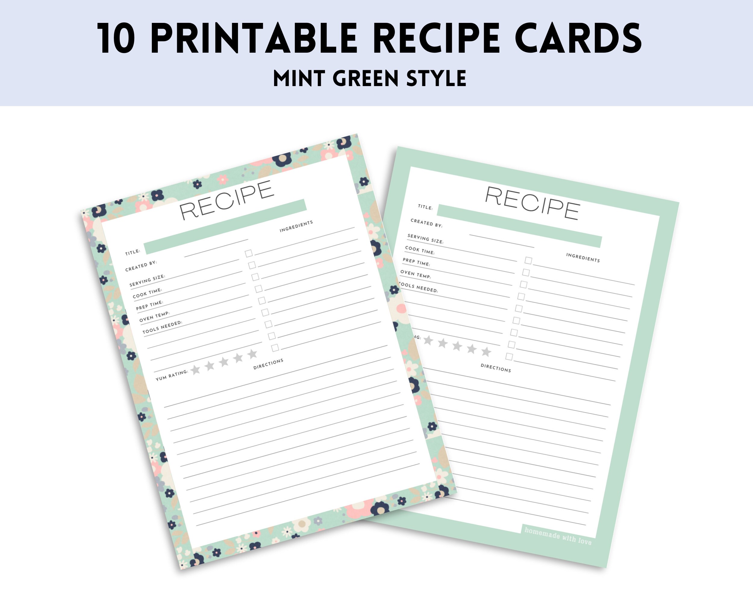 10 Printable Recipe Cards Sheets Page PDF Template - Etsy