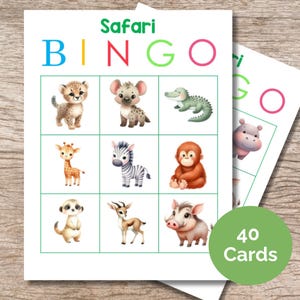 40 dierensafari voorschoolse bingo - leuk leerspel voor kinderen - afdrukbare educatieve activiteitenbladen, 3 x 3 bingoraster, verjaardagsspelkaarten