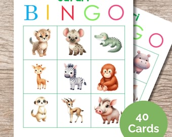 40 Animal Safari Preschool Bingo - Fun Learning Game for Kids - Printable Educational Activity Sheets, 3 x 3 Bingo Grid, Birthday Game Cards