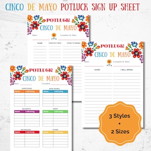 Puede incluir: Tres hojas imprimibles para un potluck del Cinco de Mayo. Cada hoja tiene un borde floral colorido con el texto "Potluck Cinco de Mayo" y espacio para nombres, lo que traerán y otros detalles.