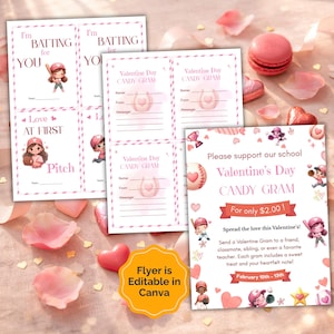 Puede incluir: Volantes y tarjetas rosas y blancos de San Valentín con temática de béisbol. Los volantes tienen el texto "Please support our school Valentine's Day Candy Gram". Las tarjetas dicen "I'm batting for you" y "Love at first pitch".