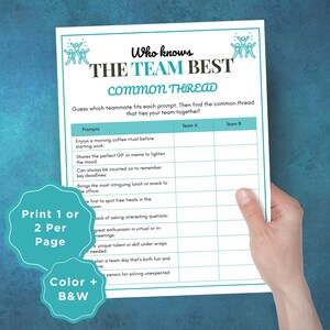 May include: A white paper with the text "Who knows THE TEAM BEST common THREAD" and prompts to guess which teammate fits each prompt. Includes options for color or black and white printing.