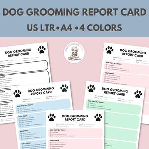 Informe de calificaciones sobre el cuidado de mascotas: formularios imprimibles sobre el cuidado de perros para salones de mascotas, 4 opciones de colores