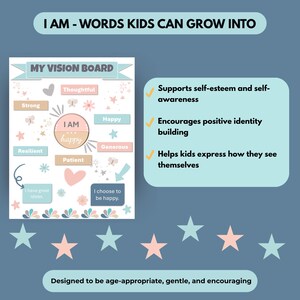 May include: A vision board with the text "I AM - WORDS KIDS CAN GROW INTO." The board includes words like "Happy," "Strong," and "Resilient," along with supporting statements. The design is age-appropriate and encouraging.