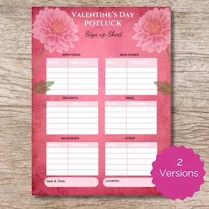 Könnte beinhalten: Ein rosa Valentinstag-Potluck-Anmeldeformular mit floralen Akzenten. Das Formular hat Abschnitte für Vorspeisen, Hauptgerichte, Desserts, Beilagen, Getränke und Sonstiges. Es enthält auch Felder für Datum und Uhrzeit sowie den Ort.