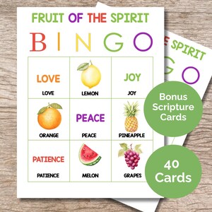 May include: A Fruit of the Spirit Bingo game with colorful text and illustrations of fruits. The bingo card includes words like "Love," "Joy," and "Peace," with images of a lemon, orange, and grapes. Includes bonus scripture cards and 40 cards.