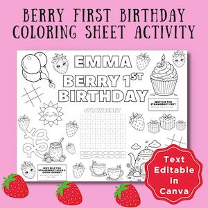 Berry First Birthday Coloring Printable Placemat Activity, Strawberry Theme Placemat, Edit in Canva, 1st Birthday Party, Fun Coloring Page