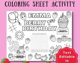 Berry First Birthday Coloring Printable Placemat Activity, Strawberry Theme Placemat, Edit in Canva, 1st Birthday Party, Fun Coloring Page