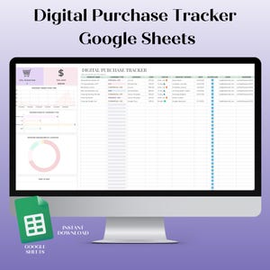 Kalkylblad för utgiftsspårning för Google Sheets, digital produktspårning, verktyg för digital köpspårning, kalkylblad för shopping och organisation