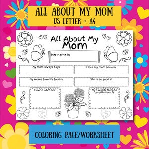 Alles über meine Mutter Arbeitsblatt, Muttertag Malblatt, Aktivitäten für Kinder, Ausfüllen und Ausmalen, Mutter Andenken Geschenk, Kindergarten Aktivität